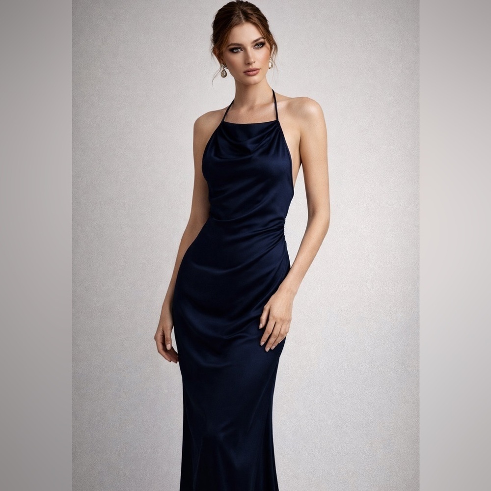 Amanda Uprichard Navy Blue Backless Satin Halter Gown